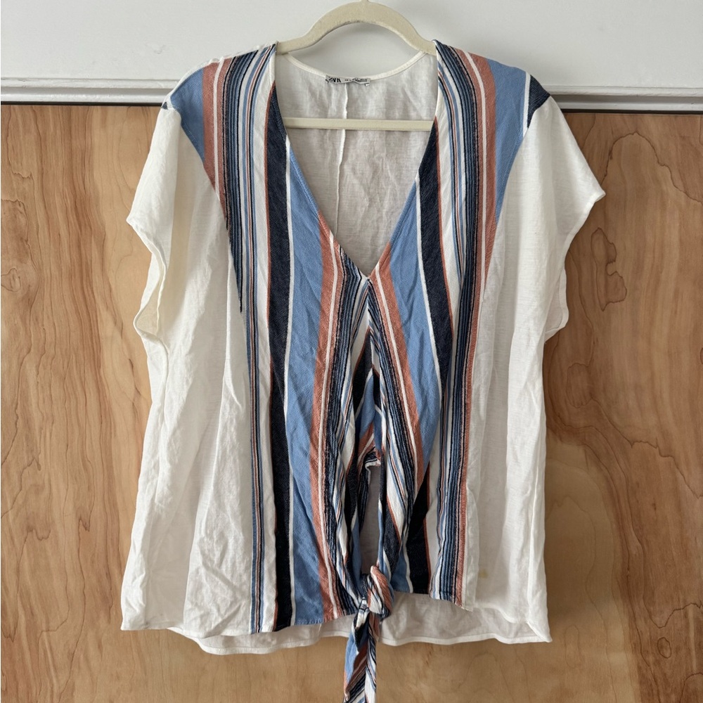 Zara Striped Linen Tie Front Top